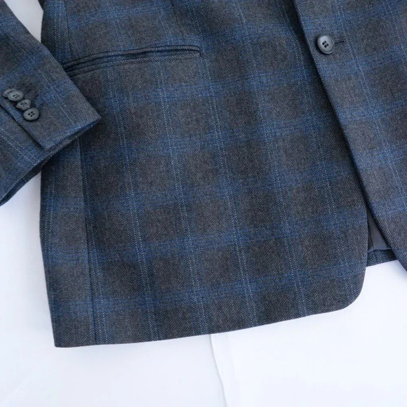 Perry Ellis Vintage Grey Blue Checker Pattern Wool Three Button Blazer - Size 44 - Picture 8 of 11